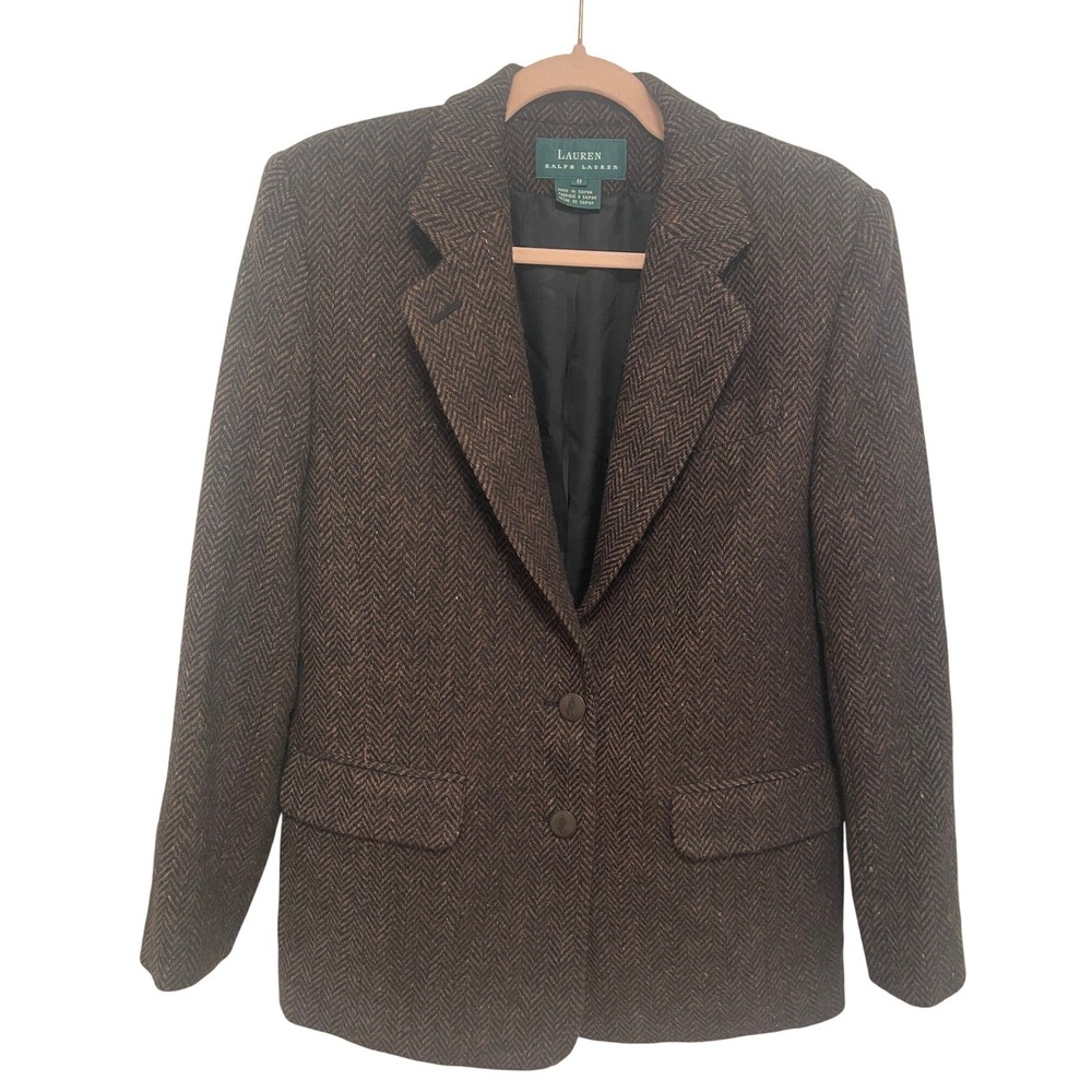 Lauren Ralph Lauren Blazer Brown Herringbone 100% Wool 8 Vintage